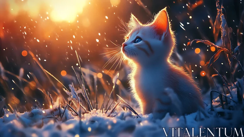 White cat in snowy twilight with golden bokeh light.