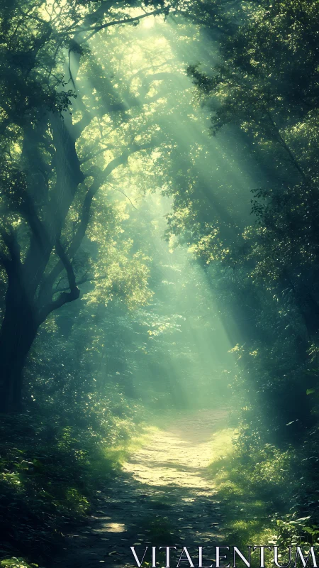 Luminous forest canopy tunnel with atmospheric light penetration through layered foliage