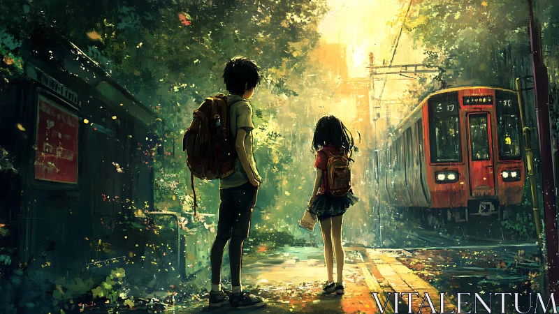 Two kids wait at forest rail crossing as red train arrives.