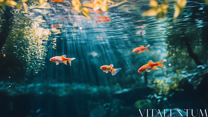 Sunlit koi fish illuminated by volumetric underwater caustics