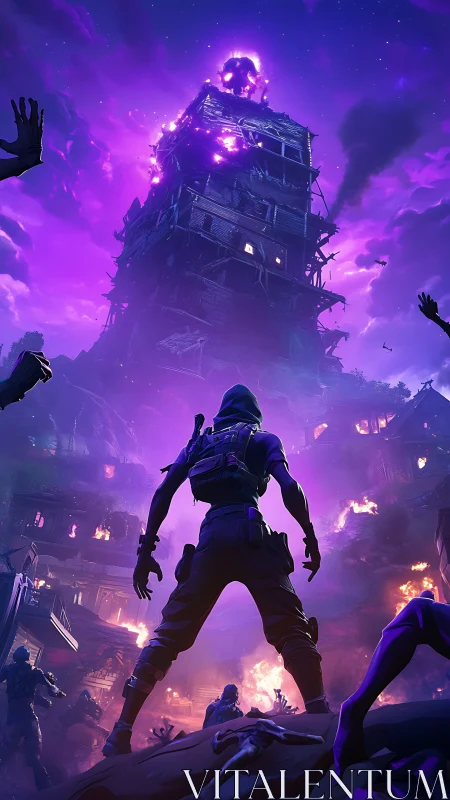 Hooded figure facing unstable tower in purple night scene.