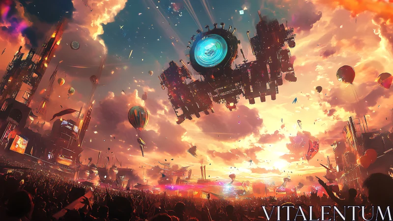 Massive hovering array dominates neon-lit festival megastructure