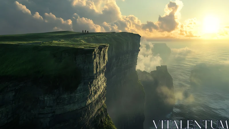 Sunlit sea cliffs rise through drifting mist at golden hour