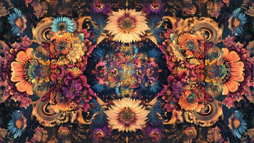 Symmetric fractal floral tessellation with high-chroma spectral detail.