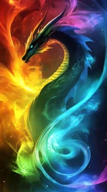 Vibrant elemental dragon wrapped in swirling colored flames.