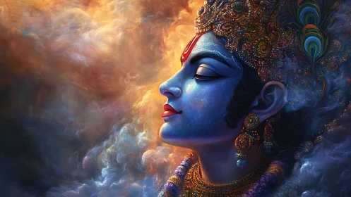 Blue-skinned divine profile in jeweled headdress amid clouds