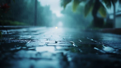 Rain-soaked street dreaming in blue twilight hush.