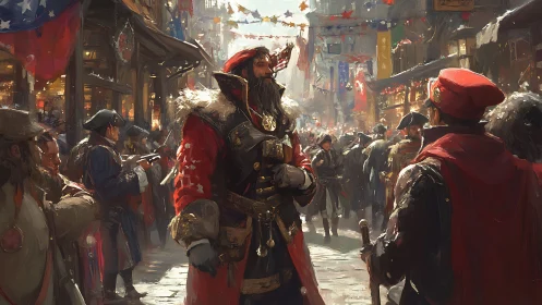 Regal pirate leader walking through crowded festival street.