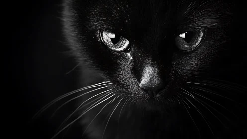 Black Cat Face Close-Up Study in High Contrast Monochrome