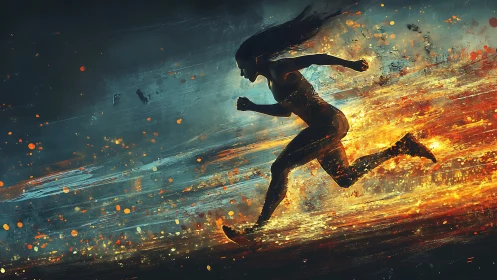 Flame-footed runner streaks through kinetic twilight blaze.