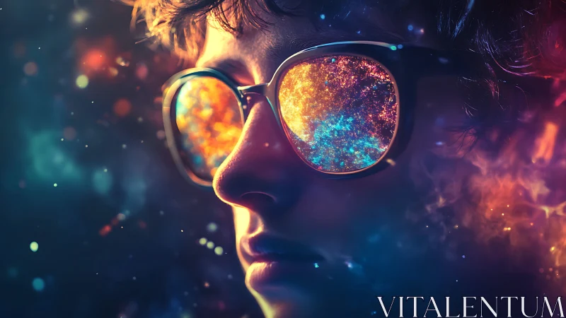 Cosmic colors reflected in glasses on a contemplative face.