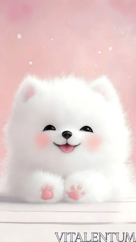 Fluffy marshmallow puppy beams joy with blushing pink paws