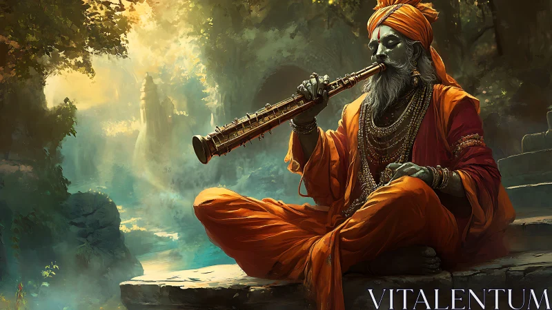 Elderly robed musician playing flute in misty forest scene.