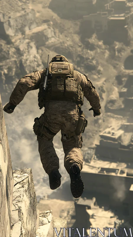 Photorealistic tactical soldier leap in arid urban canyon.