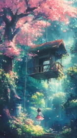 Suspended treehouse dream above a girl in drifting petals.
