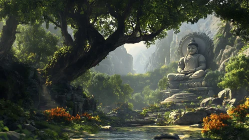 Serene stone Buddha amid lush canyon grove at sunrise.