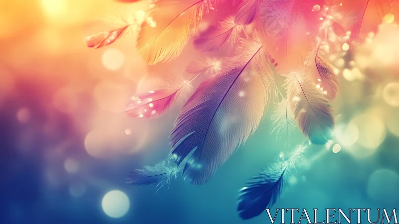 Colorful feathers drift through soft luminous bokeh light