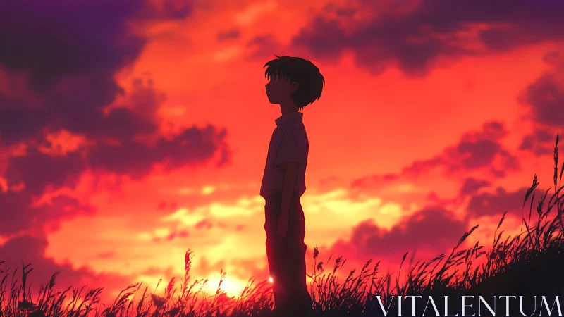 Anime silhouette study against chromatic sunset sky field.