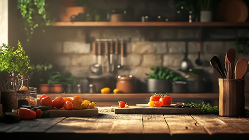 Sunlit rustic kitchen counter showcases fresh garden produce
