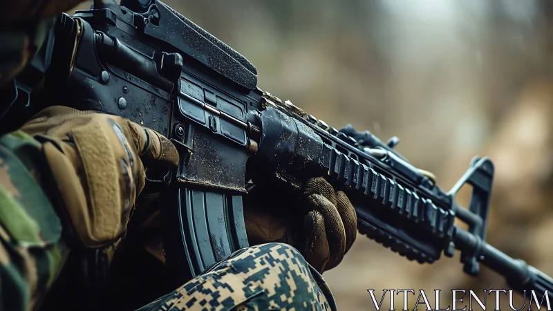 Focused soldier holds rifle with calm, steady resolve.