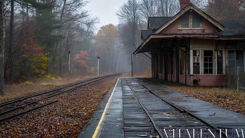 Morning fog quietly crowns an abandoned autumn rail station