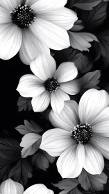 Black and white floral composition with cosmos-type flowers.