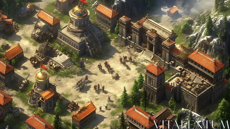 Isometric medieval cityscape with high-poly rendering and soft shadows