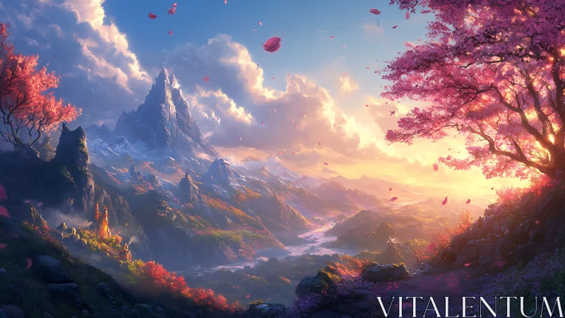 Sunlit fantasy valley opens beneath glowing cherry trees