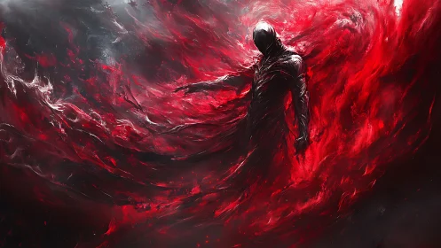 Hooded humanoid dissolves into turbulent red energy vortex flow
