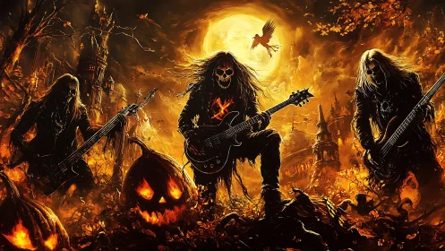 Skeleton metal band under full moon in fiery graveyard scene.