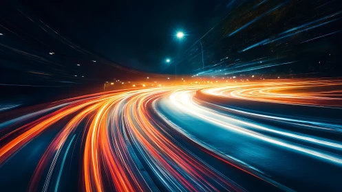 Neon light trails sweep through a futuristic midnight highway