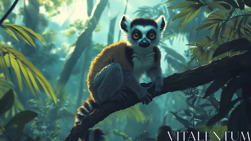 Ring-tailed lemur poised on mossy branch in misted jungle.