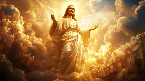 Radiant robed figure emerges from glowing clouds and light