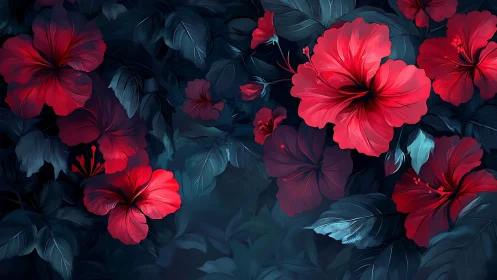 Crimson Blossoms Ignite Against Shadowed Foliage.