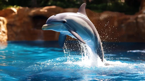 Energetic dolphin leaping through vivid turquoise pool waters.