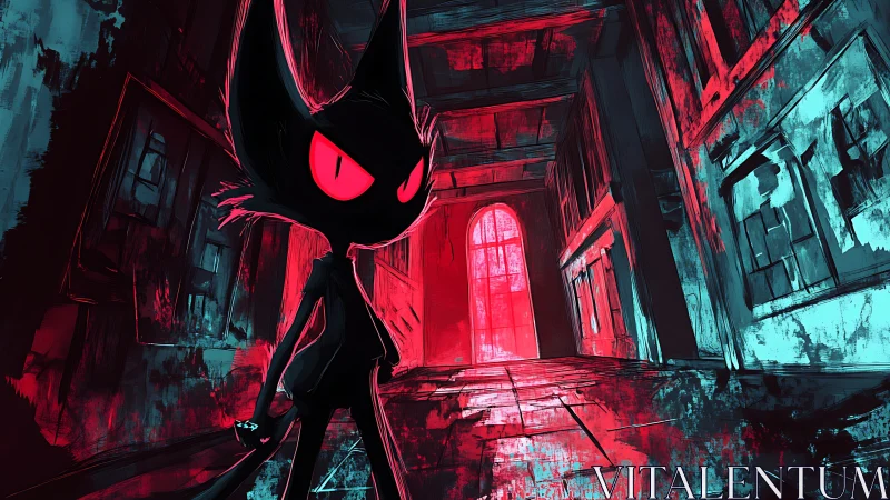 Sinister cat silhouette in neon lit abandoned hallways.