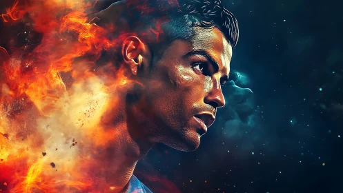 Fiery football portrait merges blazing energy and cosmos.