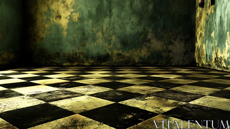 Worn checkerboard floor in aged, stained interior room.