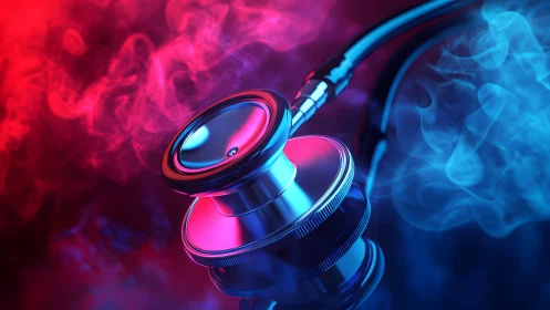 Close-up of Stethoscope with Vibrant Neon Smoke Background.