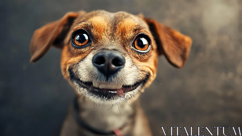Close-up frontal portrait of small brown dog against backdrop.