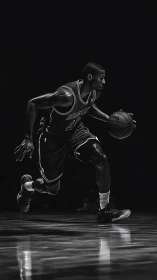 Basketball player dribbling ball on court in low key light.