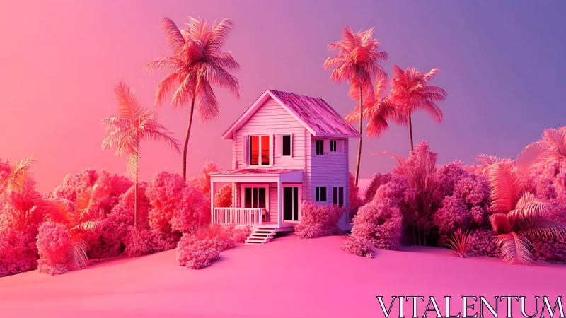 Pink Dream House Surrounded by Vibrant Tropical Paradise.