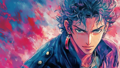 Brooding anime hero stares ahead in vivid neon clouds.