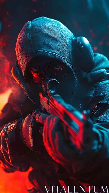 Tactical operator in hooded combat gear under neon rimlight