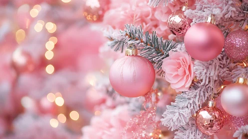 Soft pink Christmas tree with dreamy sparkling ornaments.