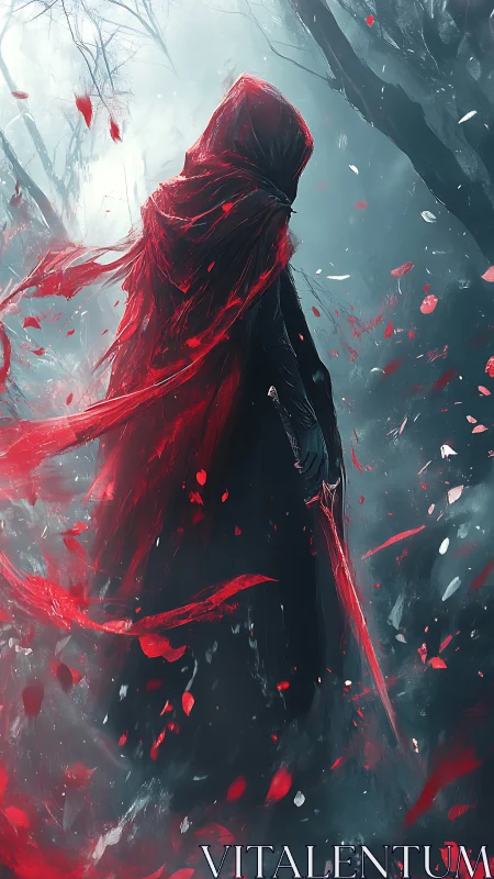 Scarlet cloaked warrior strides through a haunted winter forest.