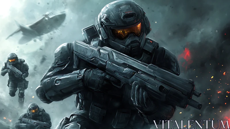 Armored sci fi assault squad advances through kinetic warzone