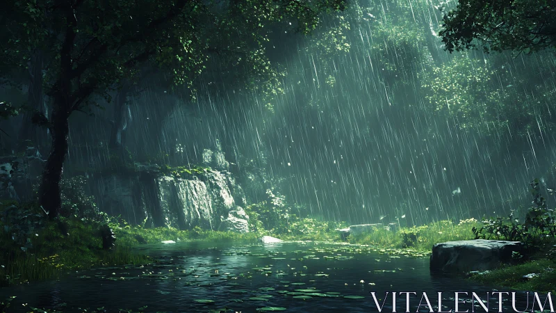 Rain stitches silver threads across a hidden forest pool