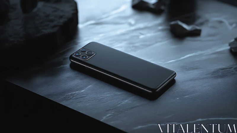 Glossy black smartphone on dark marble surface in moody light.