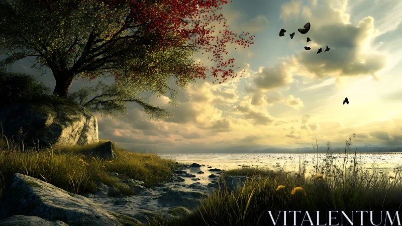 Sunlit lakeshore landscape renders atmospheric depth and motion